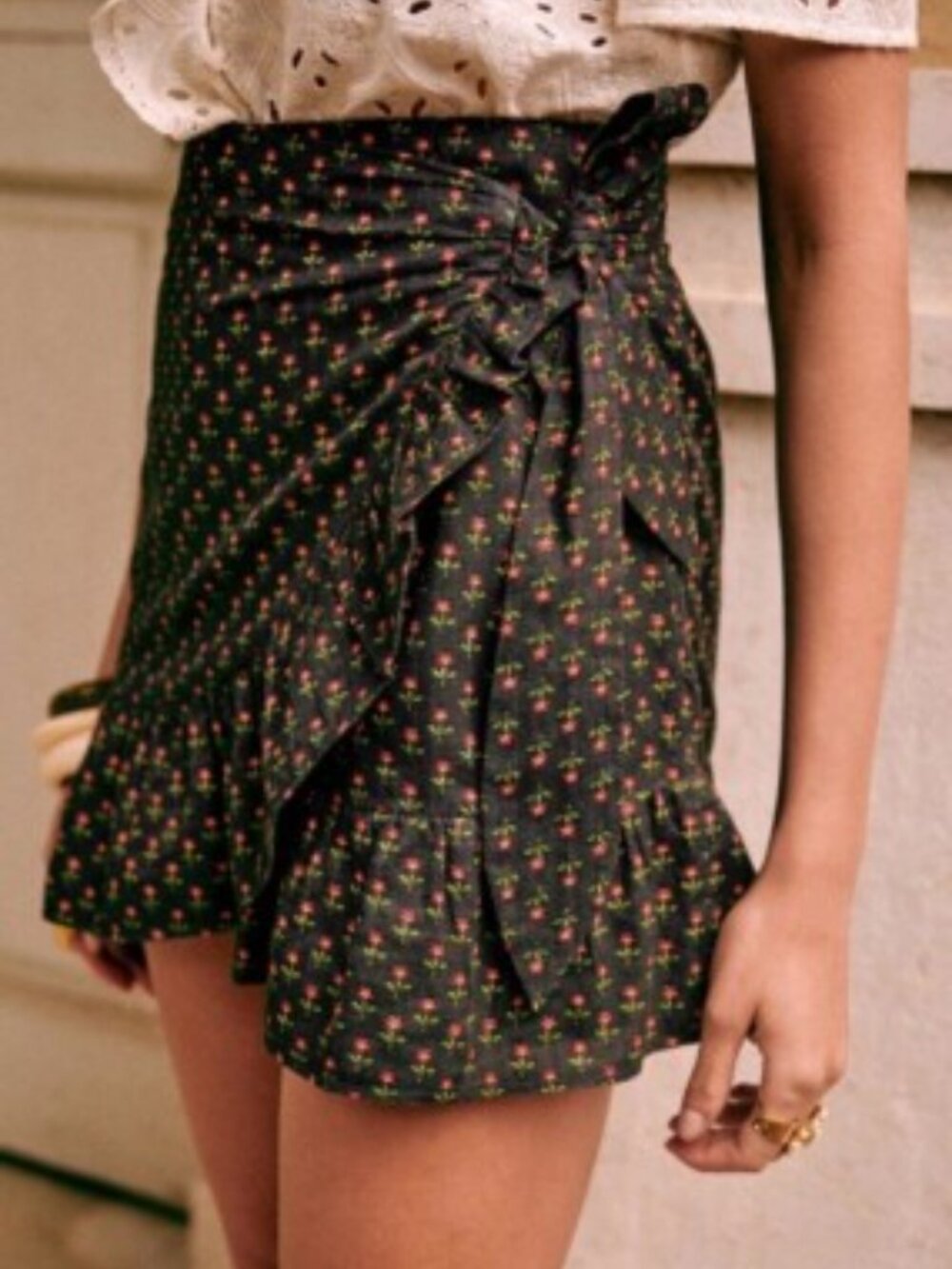 Sézane Black Floral Wrap Skirt with Red & Green Print